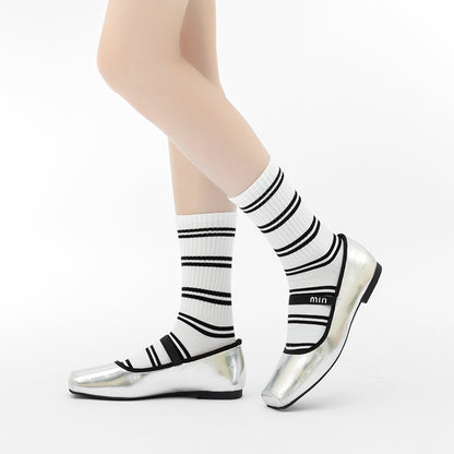 Retro Striped Cotton Mid-Calf Socks for Women