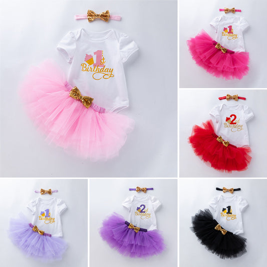 Baby Princess Dress Set with Accessories - Cotton Short Sleeve Romper
