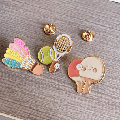 Cute Cartoon Sports Brooches – Badminton, Tennis & Ping Pong Metal Pins