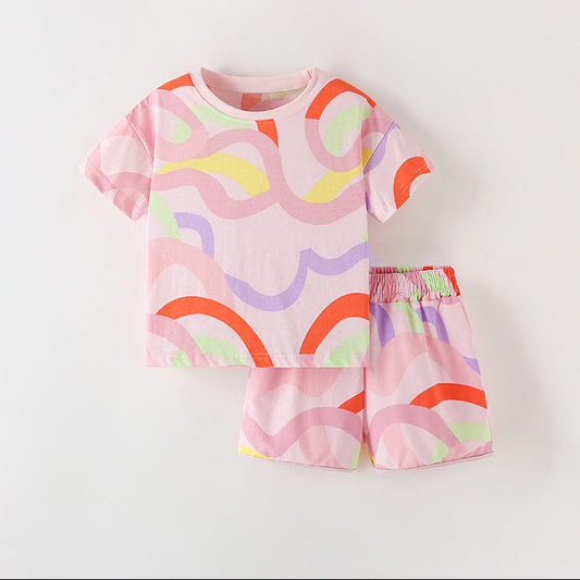 Girls' Cartoon Short Sleeve T-Shirt and Shorts Set