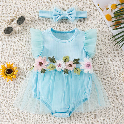 New Cute Floral Sleeve Baby Girl Mesh Romper Dress Set