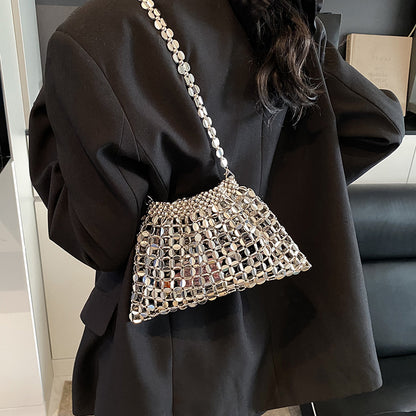 Trendy Beaded Woven Handbag with Chain Strap
