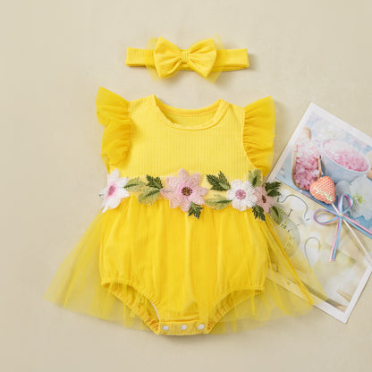 New Cute Floral Sleeve Baby Girl Mesh Romper Dress Set