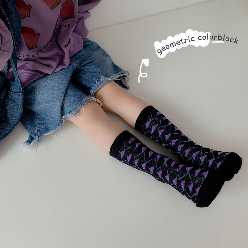 Kids Mid Calf Colorblock Geometric Socks Breathable