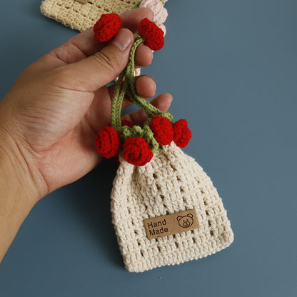 Handmade Cartoon Rose Drawstring Purse Cute Knitted Coin Bag