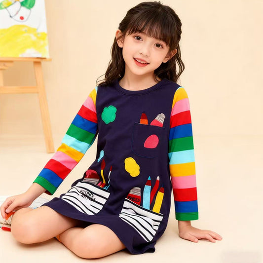 Girls' A-Line Cotton Dress with Embroidered Pockets