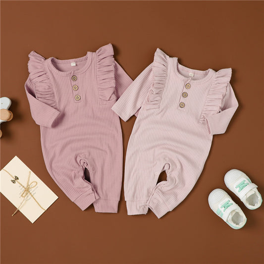 Cute Baby Girl Knitted Romper with Ruffles, Ins Ribbed Fabric