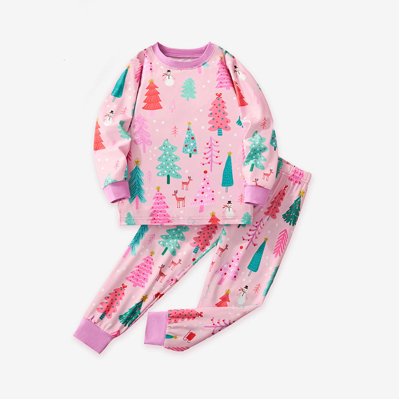 Cartoon Christmas Tree Print Milk Silk Pajama Set for Kids
