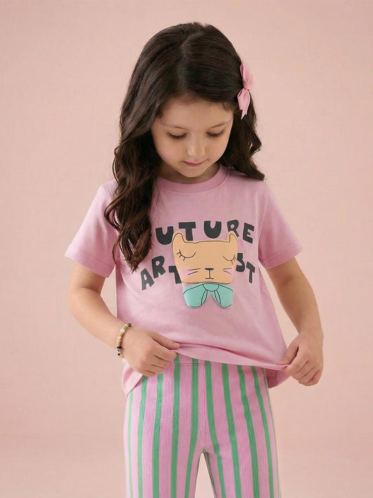 Cartoon Cat Short Sleeve T-Shirt for Girls