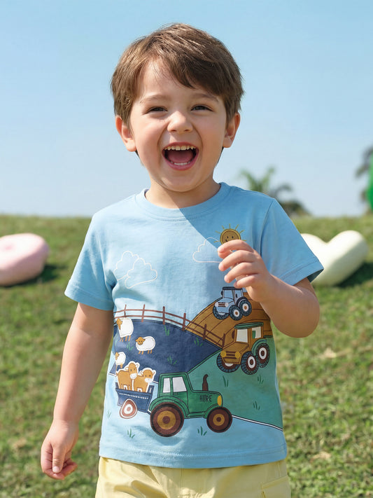 Farm Animal Tractor Print Short Sleeve T-Shirt for Boys