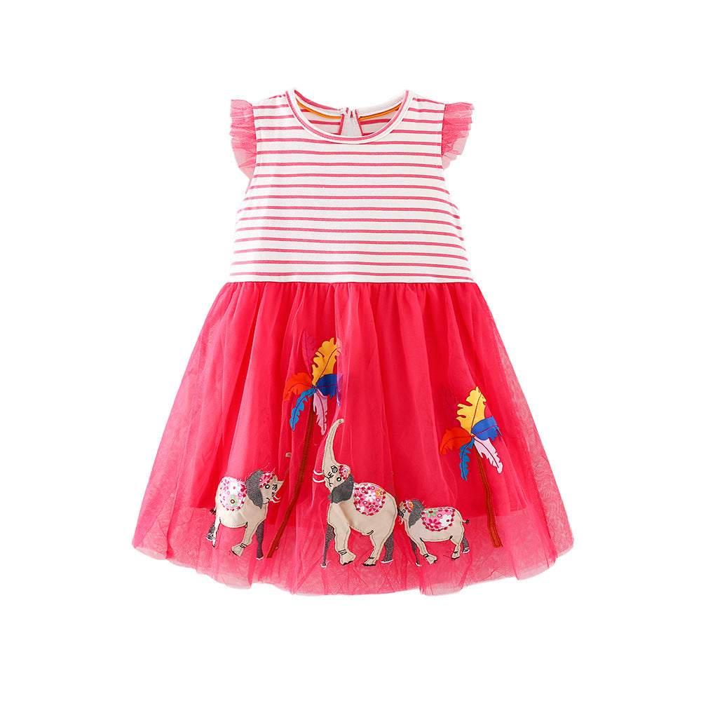 Girls' Cartoon Elephant Striped Sleeveless Dress