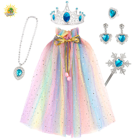 Princess Costume Set with Cape, Magic Wand, Crown, Necklace, Earrings, and Ring