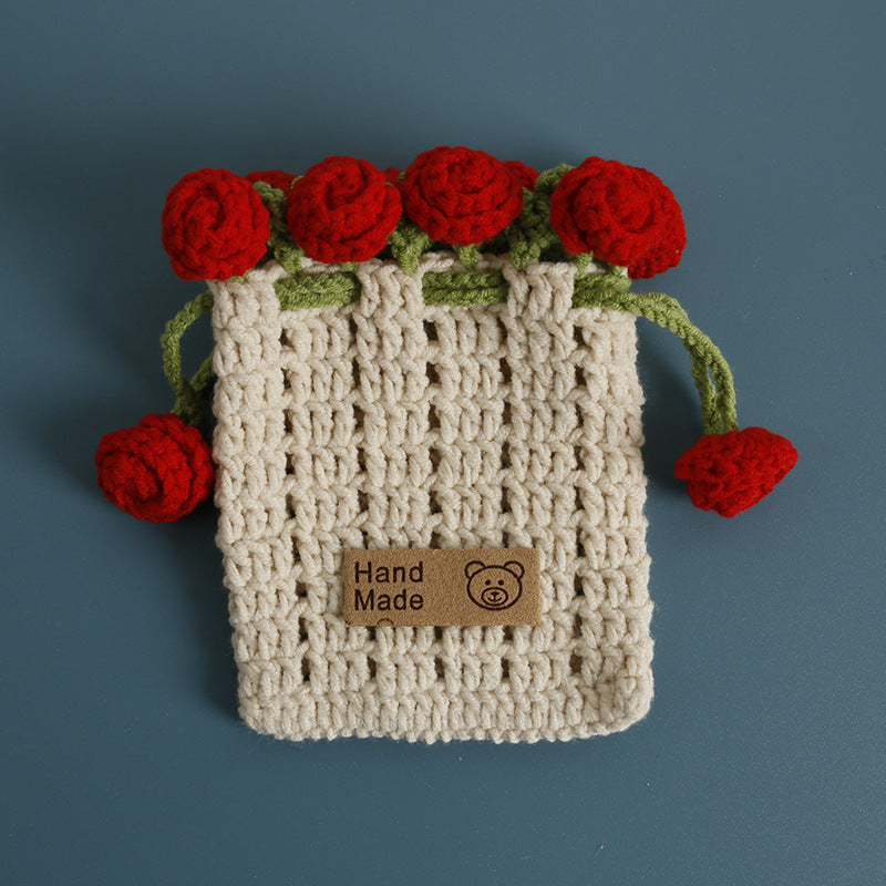 Handmade Cartoon Rose Drawstring Purse Cute Knitted Coin Bag
