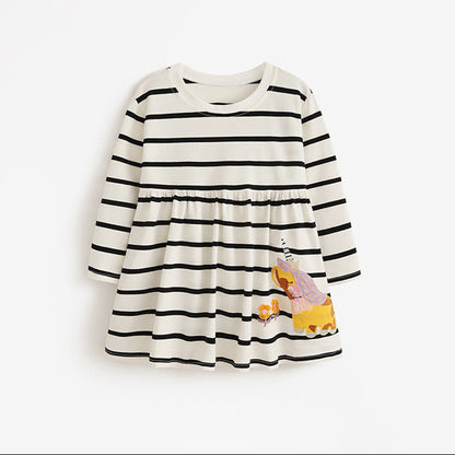 Girls' Striped Long Sleeve Dress Soft Cotton Princess Dress