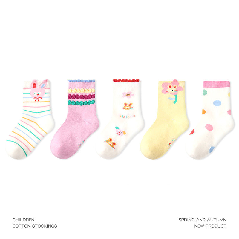 Kids Mid Calf Cotton Socks With Rabbit Lace Trim