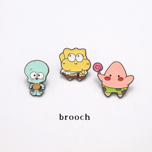 Cute SpongeBob Character Pins with Starfish and Squidward Design