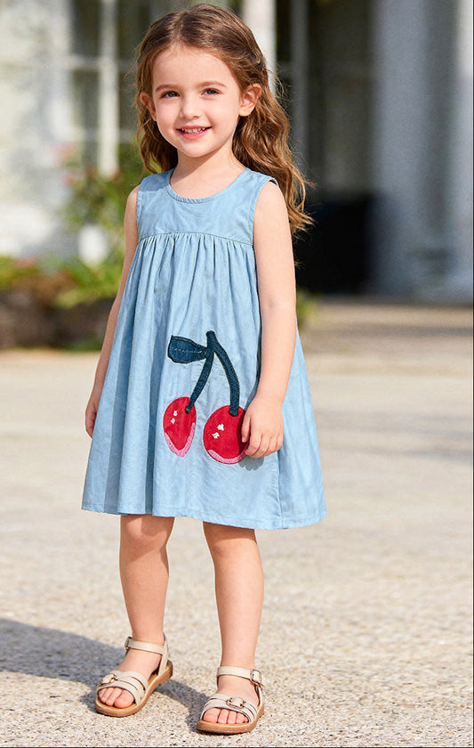 Girls' Sleeveless Denim Dress Cute Summer Cherry Style