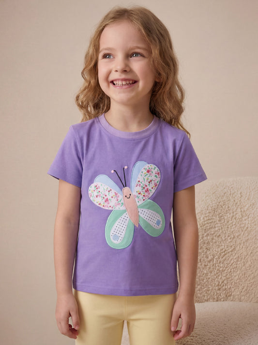 Butterfly Embroidered Girls T-Shirt Stylish Casual Cotton Tee