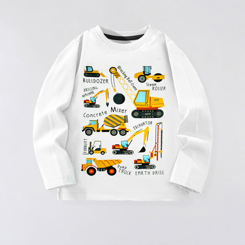 Kids Long Sleeve Cartoon Excavator T-Shirt Casual Cotton Top