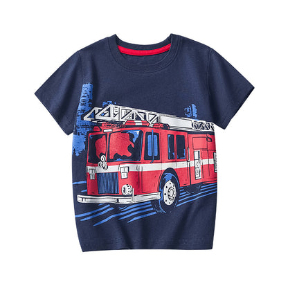 Cartoon Fire Truck Cotton Kids T-Shirt for Boys