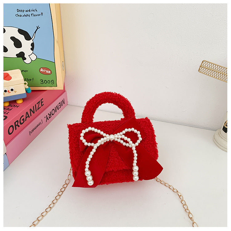 Cute Plush Red Children’s Handbag with Bow Design