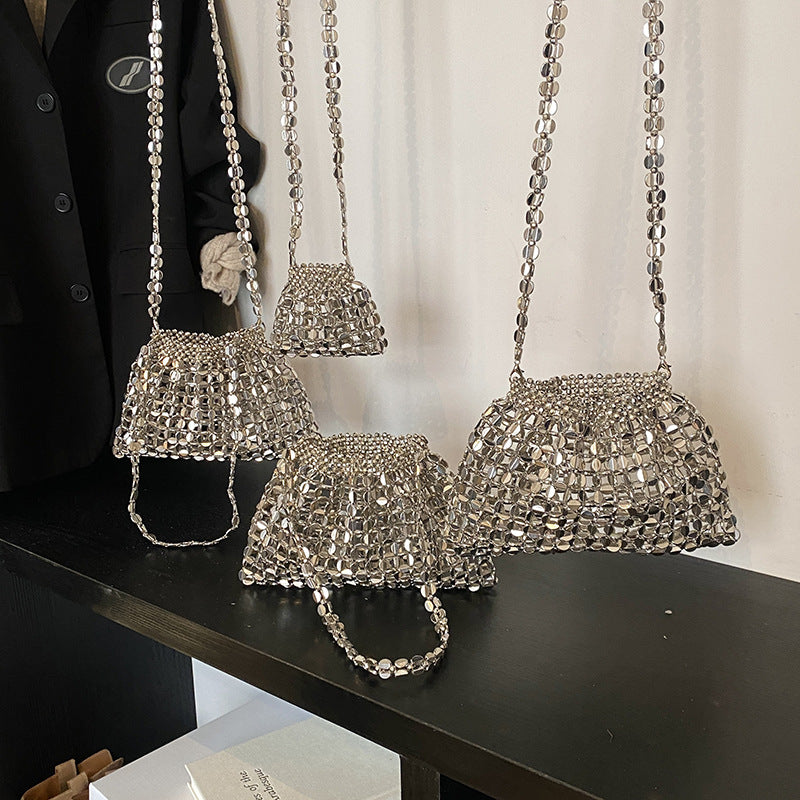 Trendy Beaded Woven Handbag with Chain Strap