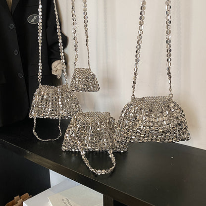 Trendy Beaded Woven Handbag with Chain Strap