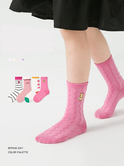 Kids Socks Mid Calf Striped Lace Cuff Breathable Cotton