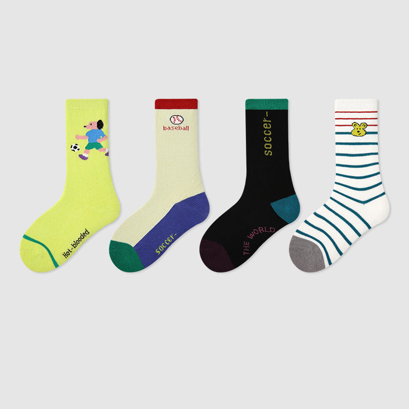Kids Cotton Animal Stripe Mid Calf Socks Breathable