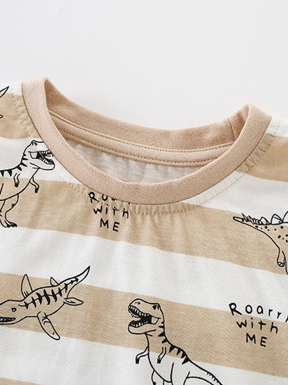 Cartoon Dinosaur Striped Short Sleeve T-Shirt for Boys