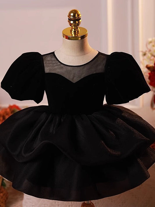 Girls' Black French Bubble Sleeve Princess Dress