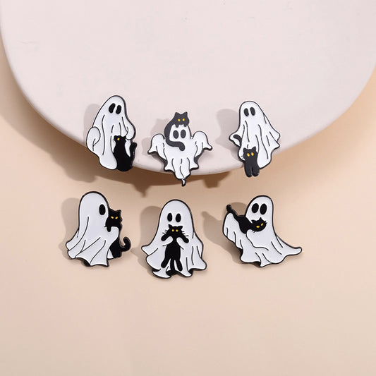 Cute Ghost and Black Cat Metal Brooch Pins for Halloween