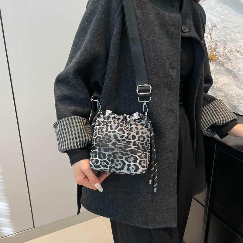 Trendy Drawstring Bucket Bag Leopard Print Mini Shoulder Bag