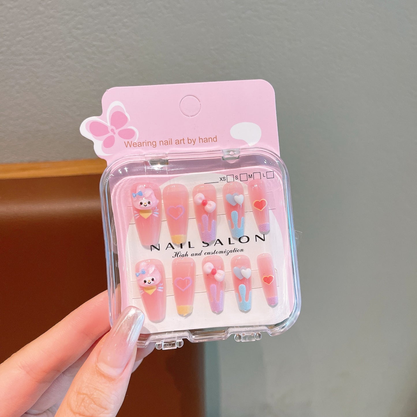 Cute Cartoon Long Nail Stickers with Heart Bow for Kids