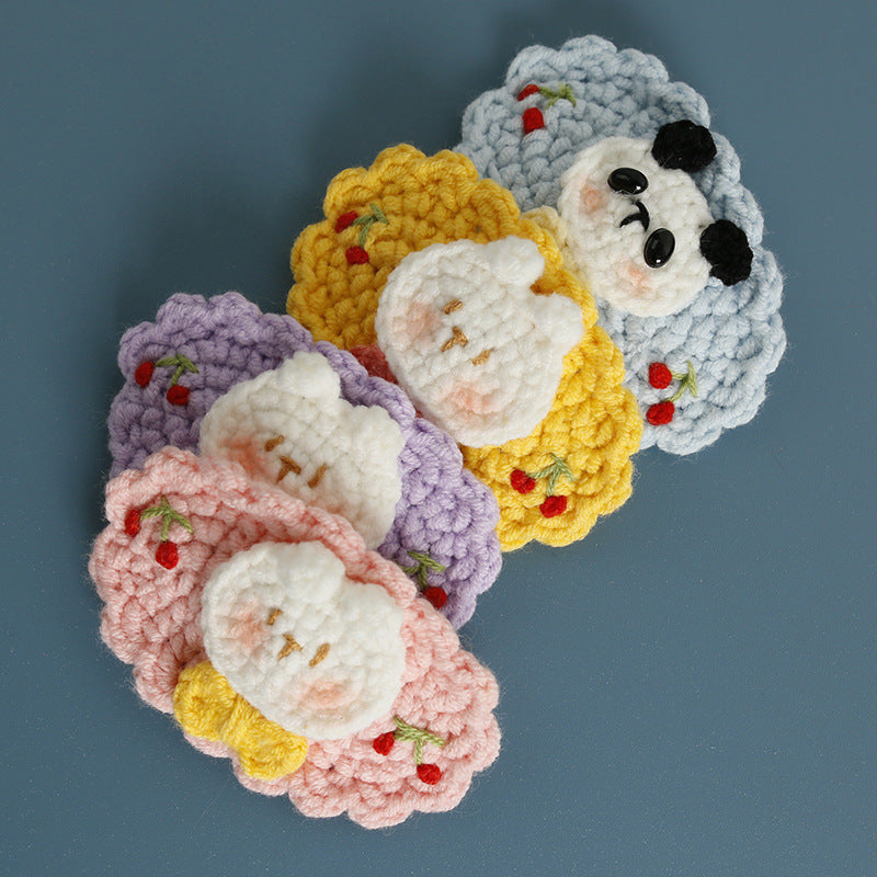 Sweet Handmade Cherry Rabbit Head Hair Clip Knitted Headband