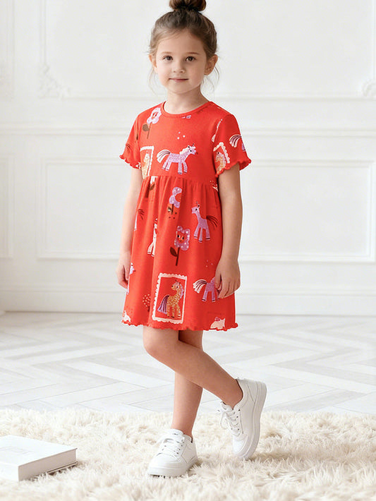 Princess Dress for Girls Cute Summer Dress Cotton Round Neck Short Sleeve