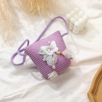 Woven Beach Bag with Butterfly Tassels for Girls