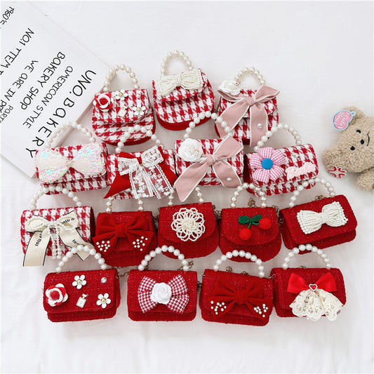New Year Red Pearl Bow Kids Handbag Trendy Crossbody Purse