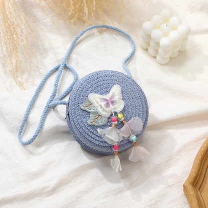 Woven Beach Bag with Butterfly Tassels for Girls