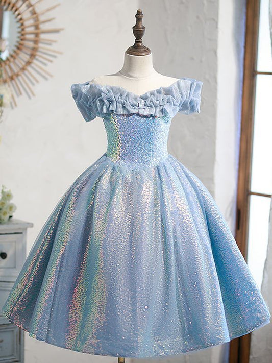 Girls' Blue Princess Dress with Sequin Detail