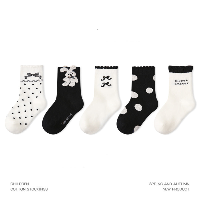 Kids Mid Calf Cotton Socks With Rabbit Lace Trim