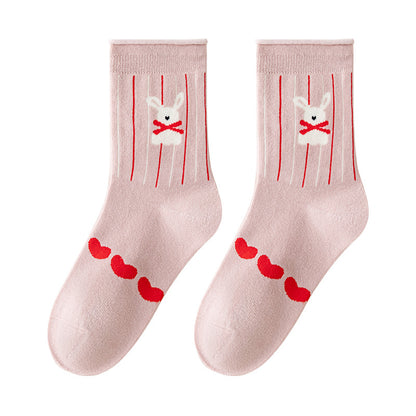 Red Floral Pattern Mid-Calf Cotton Socks for Kids