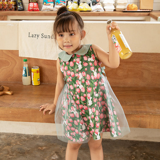 Girls Tulip Sleeveless Dress Floral Cotton Princess Dress