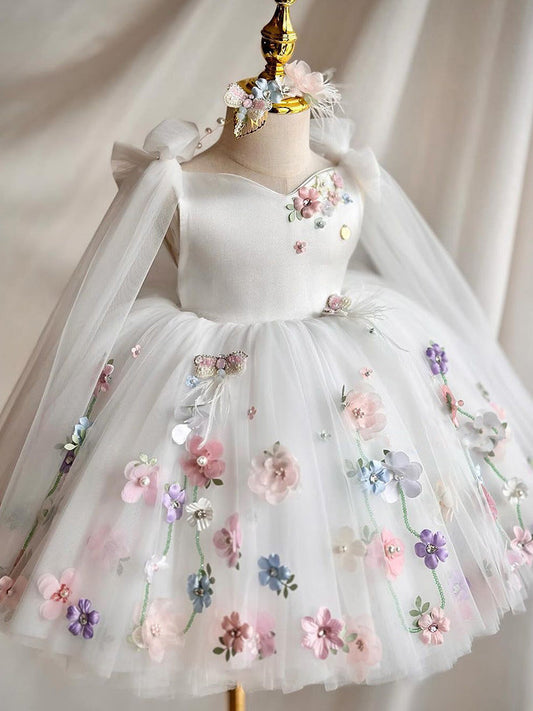 Girls' Floral Tulle Princess White Party Gown