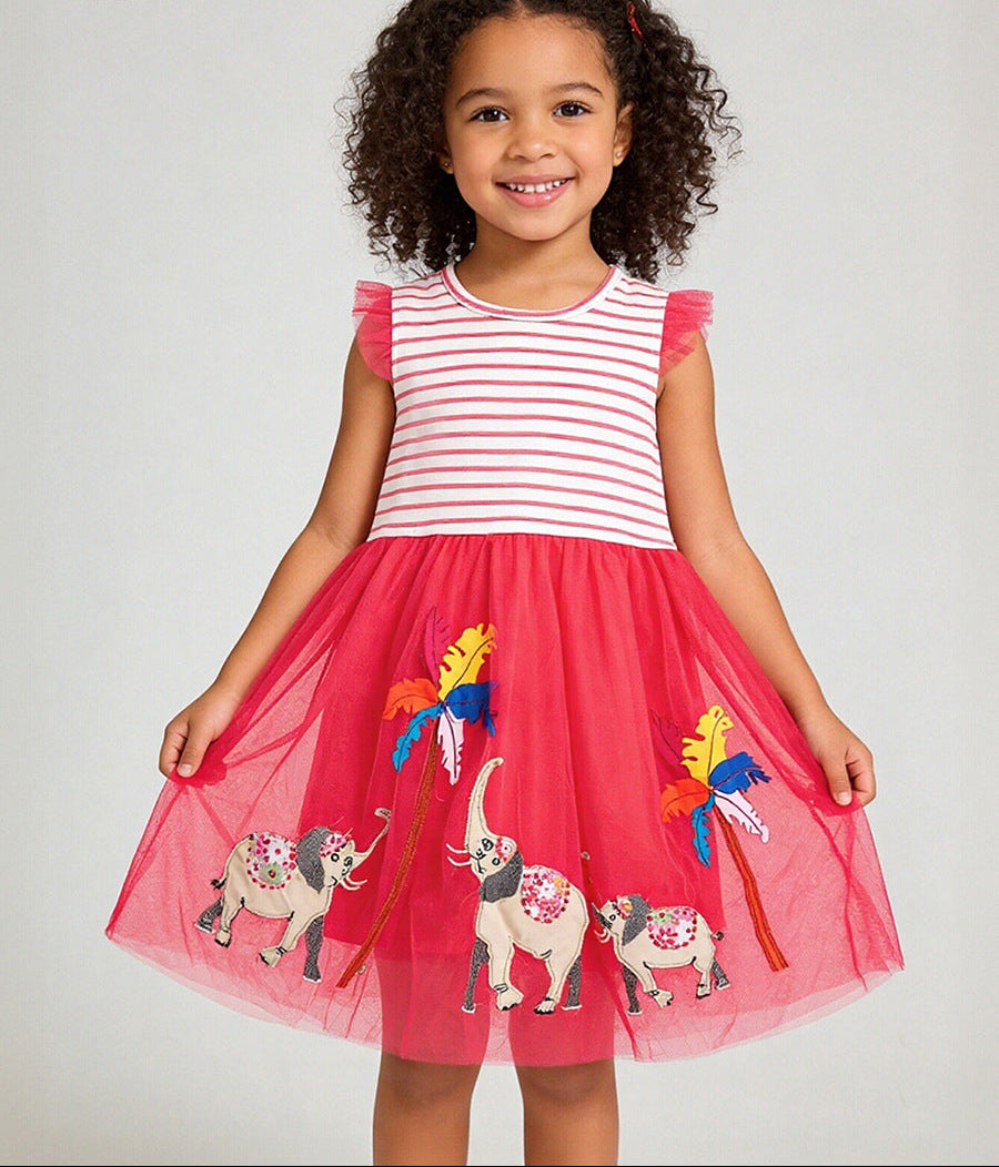 Girls' Cartoon Elephant Striped Sleeveless Dress