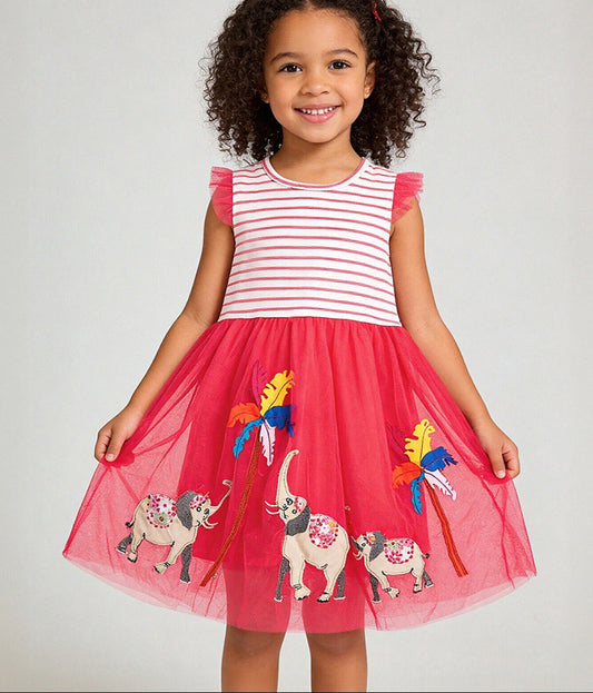 Girls' Cartoon Elephant Striped Sleeveless Dress