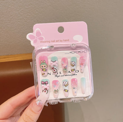 Cute Cartoon Long Nail Stickers with Heart Bow for Kids