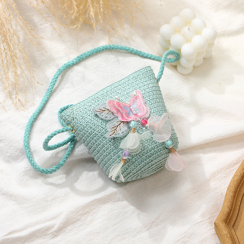 Woven Beach Bag with Butterfly Tassels for Girls