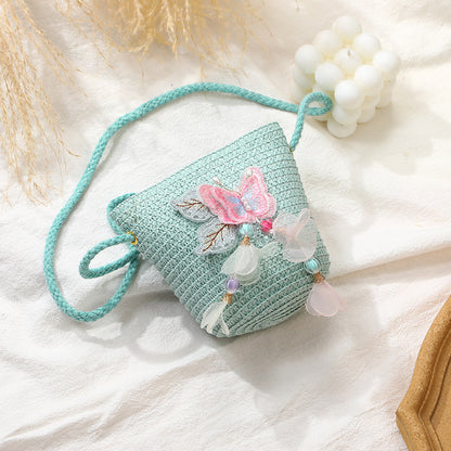 Woven Beach Bag with Butterfly Tassels for Girls