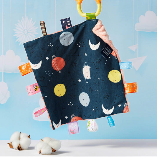 Cute Baby Cotton Tag Blanket with Silicone Teething Ring